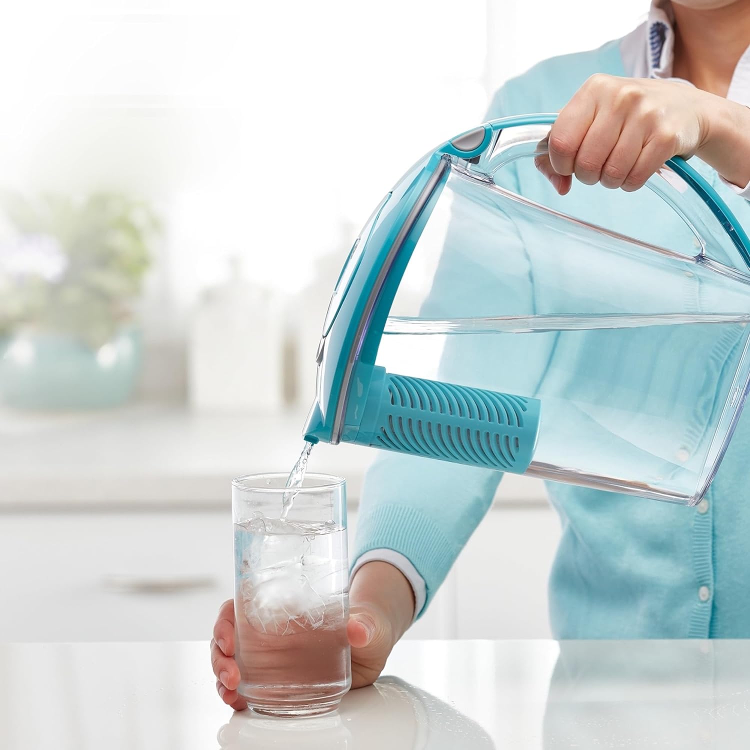 Aquapureline Filter as You Pour 10-Cup Blue Plastic Water Filter Pitcher
